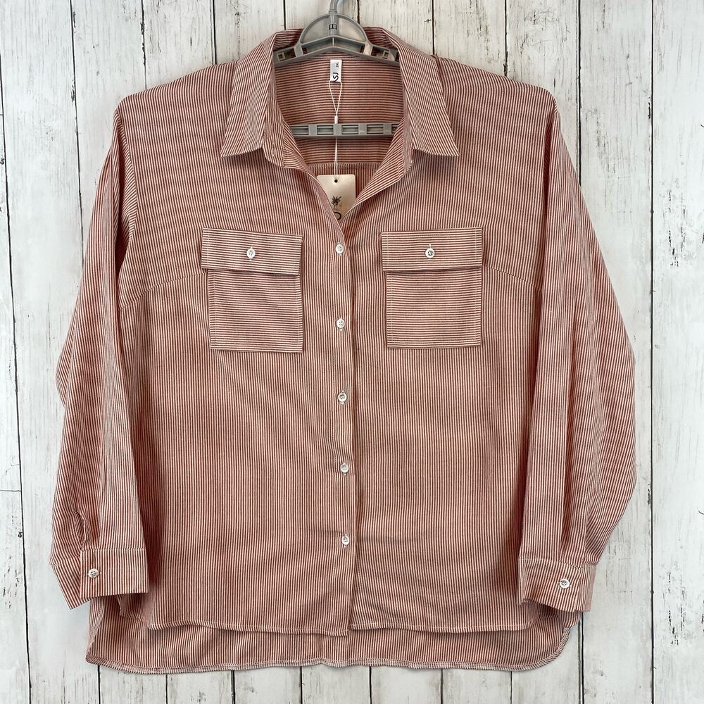 NWT OMSJ Red Seersucker Striped Button Down Front Pocket Shirt Plus Size 2XL